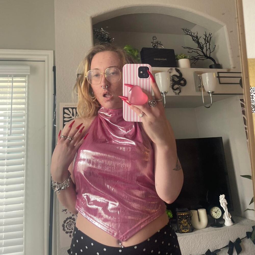 Pink metallic shiny halter top